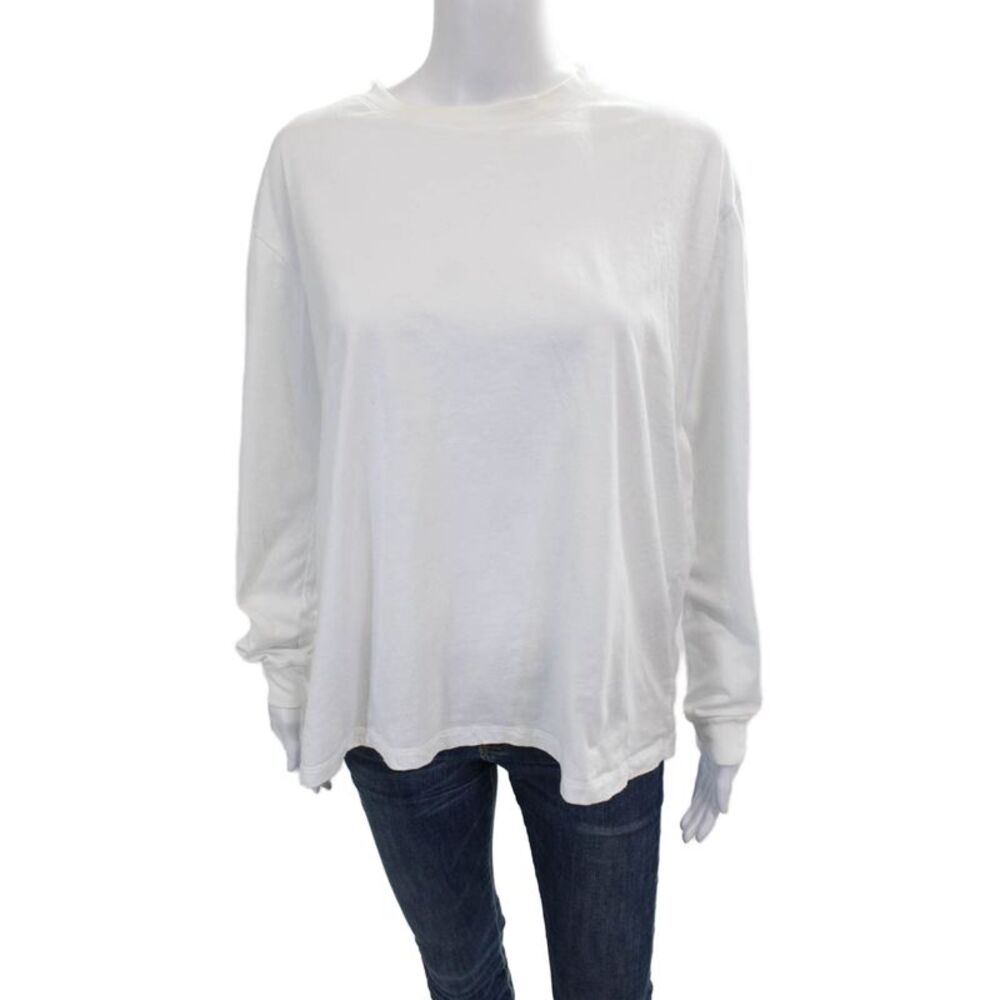 Negative Womens Basic White Cotton Crew Neck Long Sleeve T-Shirt Size L
